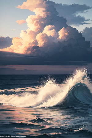 beautiful scene of an offshore, water splash, evening clouds,