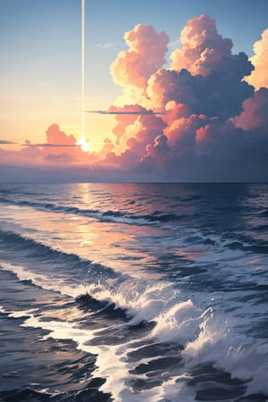 beautiful scene of an offshore, water splash, evening clouds,