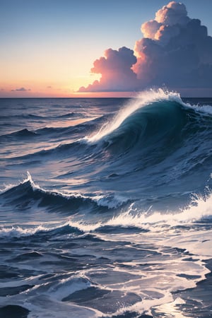 beautiful scene of an offshore, water splash, evening clouds,