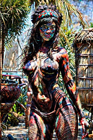 Polynesia island, Polynesian woman,  brown skin,  full_body,  muscular body, pottery hat, big breasts,  erected nipple,  body painted, exotic body painting, exotic body painting patterns, exposed skin, pussy,  pubic hair,  huge_hips,  thick thighs, spreading legs, High detailed,  FOLK