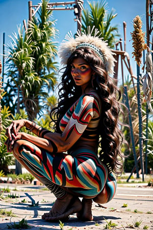Corn field, Tall and strong Native Indian woman,  brown skin, full_body, naked, clean skin, muscular body, big breasts, feather hat, body painted, exotic body painting, huge_hips, hairy pussy, squatting, spreading legs, High detailed,  FOLK