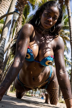 Beach, Tall and strong African slave woman,  super black skin, lie down in all fours, full_body,  muscular body, big breasts,  erected nipple,  body painted, exotic body painted clothes, pussy, hairy pussy, anus, huge_hips,  thick thighs, spreading legs, High detailed,  FOLK