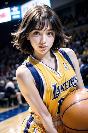 Extremely realistic, best quality, masterpiece, high resolution, high quality, high details, perfect human anatomy, realistic, cute little face and eyes and body and fingers and skin, perfect face and eyes and body and fingers and skin, detailed face plus eyes, body, fingers and skin, 16K, 1 female student, big breasts, wearing loose Los Angeles Lakers basketball clothes (no underwear), showing side breasts, on the Lakers basketball court, dribbling a basketball , focused expression, professional demeanor,