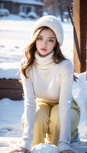 1 gorgeous blonde woman with long wavy hair wearing a wool turtleneck sweater, a bonnet on the head and tight pants, 23 ans, she’s a playboy magazine model, (action pose throwing snowball:1.0), having a great fun playing Snowball Fight, smile, happiness, canon 85 mm, Light depth of field, Kodak Ektar 200, perfect fit body, extreme details ,UHD
