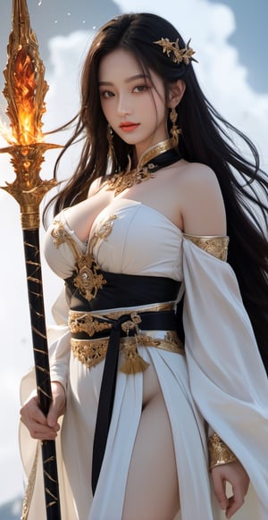 (1girl),(Masterpiece, Top Quality, Best Quality, Official Art, Ethereal, Beauty & Aesthetics), Cute, Extremely Detailed, Abstract, Fractal Art, Black Hair, Long Hair, Destiny Series, Colorful, Most Detailed, Fire, Ice, Lightning, Jewelry, black gold Hanfu, landscape, ink, (ink line: 1.1), holding a sword, very detailed sword, 4k, sunlight, high detail, Hori, smile, (oil shiny skin:1.3), (huge_boobs:2.6), willowy, chiseled, (hunky:2.2), body turn 6 degree, (perfect anatomy, prefecthand, dress, long fingers, 4 fingers, 1 thumb), 9 head body lenth, dynamic sexy pose, breast apart, ((full body:0.6)), (artistic pose of a woman),DonMChr0m4t3rr4XL 