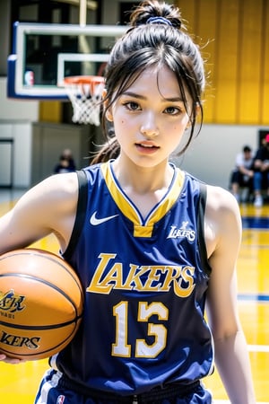 Extremely realistic, best quality, masterpiece, high resolution, high quality, high details, perfect human anatomy, realistic, cute little face and eyes and body and fingers and skin, perfect face and eyes and body and fingers and skin, detailed face plus eyes, body, fingers and skin, 16K, 1 female student, wearing Los Angeles Lakers basketball uniform, on the Lakers basketball court, dribbling a basketball, focused expression, professional demeanor,