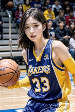 Extremely realistic, best quality, masterpiece, high resolution, high quality, high details, perfect human anatomy, realistic, cute little face and eyes and body and fingers and skin, perfect face and eyes and body and fingers and skin, detailed face plus eyes, body, fingers and skin, 16K, 1 female student, wearing Los Angeles Lakers basketball uniform, on the Lakers basketball court, dribbling a basketball, focused expression, professional demeanor,