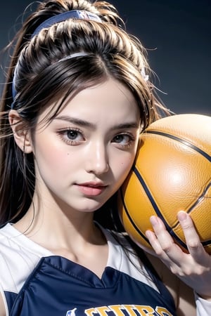 Extremely realistic, best quality, masterpiece, high resolution, high quality, high details, perfect human anatomy, realistic, cute little face and eyes and body and fingers and skin, perfect face and eyes and body and fingers and skin, detailed face plus eyes, body, fingers and skin, 16K, 1 female student, wearing Los Angeles Lakers basketball clothing size 5 too large, on the Lakers basketball court, dribbling a basketball, focused expression, professional demeanor,