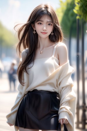 background is Paris,
18 yo, 1 girl, beautiful korean girl,fashion model,
wearing sweater,short skirt(chess pattern),shoulder bag(Louis Vuitton),happy laugh,cloth blowing by wind, solo, {beautiful and detailed eyes}, dark eyes, calm expression, delicate facial features, ((model pose)), Glamor body type, (dark hair:1.2), simple tiny earrings, simple tiny necklace,very_long_hair, hair past hip, bangs, curly hair, flim grain, realhands, masterpiece, Best Quality, 16k, photorealistic, ultra-detailed, finely detailed, high resolution, perfect dynamic composition, beautiful detailed eyes, eye smile, ((nervous and embarrassed)), sharp-focus, full_body, cowboy_shot,3D