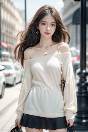 background is Paris,
18 yo, 1 girl, beautiful korean girl,fashion model,
wearing sweater,short skirt(chess pattern),shoulder bag(Louis Vuitton),happy laugh,cloth blowing by wind, solo, {beautiful and detailed eyes}, dark eyes, calm expression, delicate facial features, ((model pose)), Glamor body type, (dark hair:1.2), simple tiny earrings, simple tiny necklace,very_long_hair, hair past hip, bangs, curly hair, flim grain, realhands, masterpiece, Best Quality, 16k, photorealistic, ultra-detailed, finely detailed, high resolution, perfect dynamic composition, beautiful detailed eyes, eye smile, ((nervous and embarrassed)), sharp-focus, full_body, cowboy_shot,3D,Ava