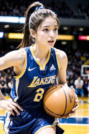 Extremely realistic, best quality, masterpiece, high resolution, high quality, high details, perfect human anatomy, realistic, cute little face and eyes and body and fingers and skin, perfect face and eyes and body and fingers and skin, detailed face plus eyes, body, fingers and skin, 16K, 1 female student, wearing Los Angeles Lakers basketball uniform, on the Lakers basketball court, dribbling a basketball, focused expression, professional demeanor,