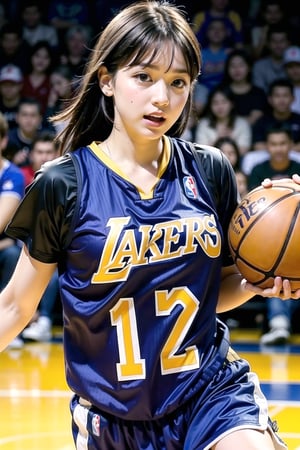 Extremely realistic, best quality, masterpiece, high resolution, high quality, high details, perfect human anatomy, realistic, cute little face and eyes and body and fingers and skin, perfect face and eyes and body and fingers and skin, detailed face plus eyes, body, fingers and skin, 16K, 1 female student, big breasts, wearing Los Angeles Lakers basketball clothes 5 sizes too big (no underwear), on the Lakers basketball court, dribbling a basketball, concentration expression, professional demeanor,