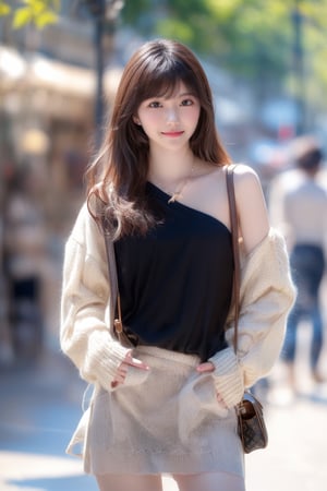 background is Paris,
18 yo, 1 girl, beautiful korean girl,fashion model,
wearing sweater,short skirt(chess pattern),shoulder bag(Louis Vuitton),happy laugh,cloth blowing by wind, solo, {beautiful and detailed eyes}, dark eyes, calm expression, delicate facial features, ((model pose)), Glamor body type, (dark hair:1.2), simple tiny earrings, simple tiny necklace,very_long_hair, hair past hip, bangs, curly hair, flim grain, realhands, masterpiece, Best Quality, 16k, photorealistic, ultra-detailed, finely detailed, high resolution, perfect dynamic composition, beautiful detailed eyes, eye smile, ((nervous and embarrassed)), sharp-focus, full_body, cowboy_shot,3D