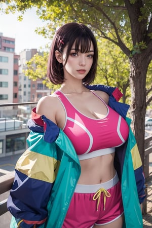 masterpiece, best quality,   shizuka mikazuki, hairclip, pink sports bra, cleavage, pink shorts, short shorts, blue and green jacket, off-shoulder, large breasts, shiny skin, upper body, looking at viewer, cityscape, trees,shizuka mikazuki,viewed_from_below