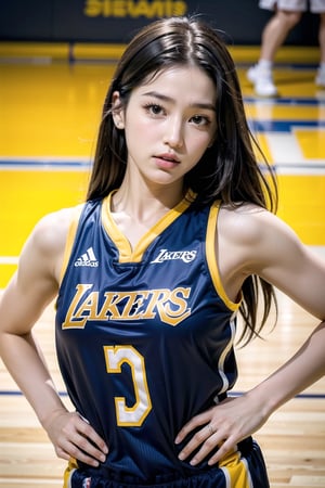 Extremely realistic, best quality, masterpiece, high resolution, high quality, high details, perfect human anatomy, realistic, cute little face and eyes and body and fingers and skin, perfect face and eyes and body and fingers and skin, detailed face plus eyes, body, fingers and skin, 16K, 1 female student, big breasts, wearing Los Angeles Lakers basketball clothes 5 sizes too big (no underwear), on the Lakers basketball court, dribbling a basketball, concentration expression, professional demeanor,