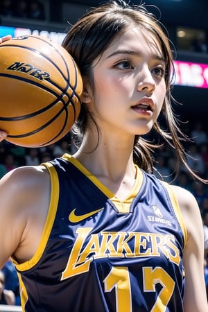 Extremely realistic, best quality, masterpiece, high resolution, high quality, high details, perfect human anatomy, realistic, cute little face and eyes and body and fingers and skin, perfect face and eyes and body and fingers and skin, detailed face plus eyes, body, fingers and skin, 16K, 1 female student, wearing Los Angeles Lakers basketball uniform, on the Lakers basketball court, dribbling a basketball, focused expression, professional demeanor,