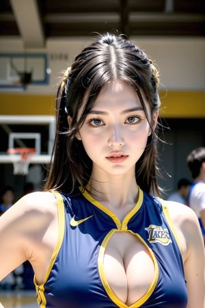 Extremely realistic, best quality, masterpiece, high resolution, high quality, high details, perfect human anatomy, realistic, cute little face and eyes and body and fingers and skin, perfect face and eyes and body and fingers and skin, detailed face with eyes, body, fingers and skin, 16K, 1 female student, big breasts, wearing loose Golden Island Warriors basketball clothes (no underwear showing cleavage), playing basketball at the Lakers basketball court, concentration expression, professional demeanor,