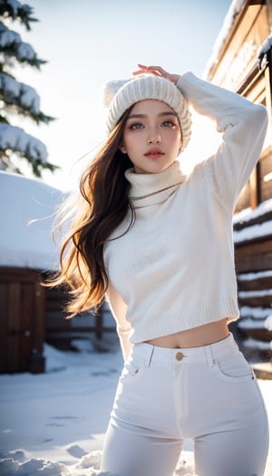 1 gorgeous blonde woman with long wavy hair wearing a wool turtleneck sweater, a bonnet on the head and tight pants, 23 ans, she’s a playboy magazine model, (action pose throwing snowball:1.0), having a great fun playing Snowball Fight, smile, happiness, canon 85 mm, Light depth of field, Kodak Ektar 200, perfect fit body, extreme details ,UHD
