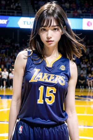 Extremely realistic, best quality, masterpiece, high resolution, high quality, high details, perfect human anatomy, realistic, cute little face and eyes and body and fingers and skin, perfect face and eyes and body and fingers and skin, detailed face plus eyes, body, fingers and skin, 16K, 1 female student, big breasts, wearing Los Angeles Lakers basketball clothes 5 sizes too big (no underwear), on the Lakers basketball court, dribbling a basketball, concentration expression, professional demeanor,