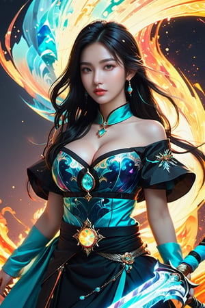 (1girl),(Masterpiece, Top Quality, Best Quality, Official Art, Ethereal, Beauty & Aesthetics), Cute, Extremely Detailed, Abstract, Fractal Art, Black Hair, Long Hair, Destiny Series, Colorful, Most Detailed, Fire, Ice, Lightning, Jewelry, black gold Hanfu, landscape, ink, (ink line: 1.1), holding a sword, very detailed sword, 4k, sunlight, high detail, Hori, smile, (oil shiny skin:1.3), (huge_boobs:2.6), willowy, chiseled, (hunky:2.2), body turn 6 degree, (perfect anatomy, prefecthand, dress, long fingers, 4 fingers, 1 thumb), 9 head body lenth, dynamic sexy pose, breast apart, ((full body:0.6)), (artistic pose of a woman),DonMChr0m4t3rr4XL 