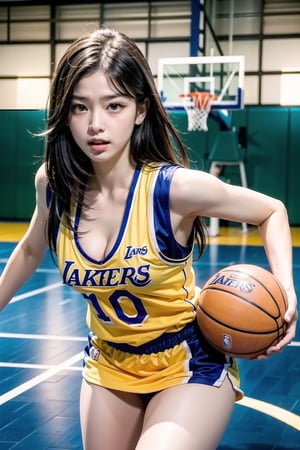 Extremely realistic, best quality, masterpiece, high resolution, high quality, high details, perfect human anatomy, realistic, cute little face and eyes and body and fingers and skin, perfect face and eyes and body and fingers and skin, detailed face with eyes, body, fingers and skin, 16K, 1 female student, big breasts, wearing loose Golden Island Warriors basketball clothes (no underwear showing cleavage), playing basketball at the Lakers basketball court, concentration expression, professional demeanor,