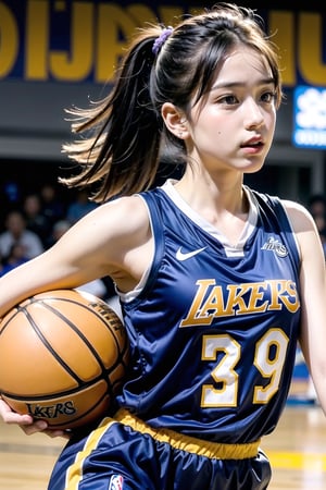 Extremely realistic, best quality, masterpiece, high resolution, high quality, high details, perfect human anatomy, realistic, cute little face and eyes and body and fingers and skin, perfect face and eyes and body and fingers and skin, detailed face plus eyes, body, fingers and skin, 16K, 1 female student, big breasts, wearing Los Angeles Lakers basketball clothes 5 sizes too big (no underwear), on the Lakers basketball court, dribbling a basketball, concentration expression, professional demeanor,