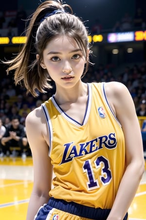 Extremely realistic, best quality, masterpiece, high resolution, high quality, high details, perfect human anatomy, realistic, cute little face and eyes and body and fingers and skin, perfect face and eyes and body and fingers and skin, detailed face plus eyes, body, fingers and skin, 16K, 1 female student, big breasts, wearing loose Los Angeles Lakers basketball clothes (no underwear), showing side breasts, on the Lakers basketball court, dribbling a basketball , focused expression, professional demeanor,