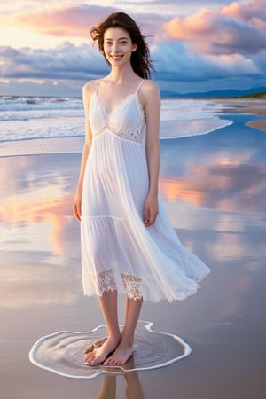 masterpiece, (in the style of Richard Avedon:1.2), 4k resolution, 20 year old girl, coffee brown Princess hair, slender tall figure, (Noriko Sakai:0.6), (Anne Hathaway:0.8), smiling expression, bright clear eyes,, wearing a flowing white sundress with delicate lace details, barefoot, standing on a serene beach during sunset, with her reflection visible in the wet sand, wind turbines in the background, the sky painted with vibrant hues of pink, orange, and blue, scattered clouds adding depth to the scene, golden light casting a soft, warm glow, wide-angle shot capturing the vastness of the scenery, utilizing high-end photography equipment.