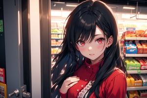 ultra detailed, 1 girl, (20 year-old:1.5), cool, detailed lips, (solo:1.5), (black hair), long hair, (red eyes), ), Panicked, scared, slim, At the door of the supermarket, Want to enter the supermarket, night, look at viewer, Upper body, blush, nervous smile