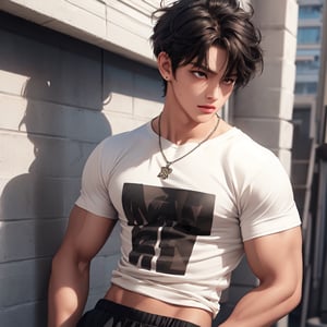 messy hair, guy, boy, tan skin, black hair, brown eyes, abs, muscular, tan, shirt, short hair, necklace, jewlery, sweatpants, short hair, shirt, shirt, middle part hair, t-shirt, t-shirt, middle part, small shirt, handsome,