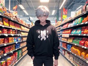 ultra detailed, 1boy, (20 year-old:1.5), cool, detailed lips, (solo:1.5), (sliver hair), hair between eyes, short hair,(green eyes), (Wear solid black sweatshirt), (Manly:1.7), strong,
jitome,Thin smile,
 In the supermarket,shelves,
look at viewer, 
wide shot, cowboy shot, masterpiece, high quality