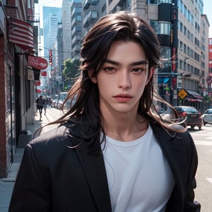 1male,handsome male,long hair,upper_body,spider lily,street of city,,looking_at_viewer,