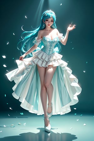 Here's a prompt that captures the essence of this vivid description:

Create an image of an idol in a daring pose on a stage lit by warm movie lighting and neon lights. She wears a revealing blue frilled wedding dress with long blue hair adorned with gems. Her breasts are showcased with cleavage, glistening with sweat as she points with one hand while her other arm rests on the stage. The spotlight highlights her figure, white stockings, and intricate hair accessories against a blurred background of floral patterns and music notes. Ryuubi-style cross laces adorn her underbust, lifting her skirt to reveal more of her stunning physique. The overall effect should be visually stunning, with high-quality details and a sense of movement.