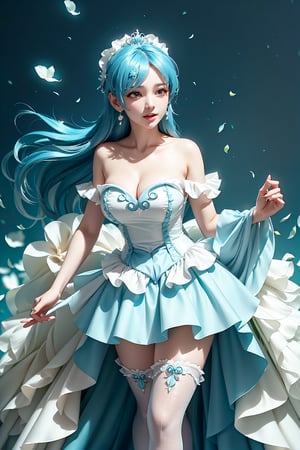 Here's a prompt that captures the essence of this vivid description:

Create an image of an idol in a daring pose on a stage lit by warm movie lighting and neon lights. She wears a revealing blue frilled wedding dress with long blue hair adorned with gems. Her breasts are showcased with cleavage, glistening with sweat as she points with one hand while her other arm rests on the stage. The spotlight highlights her figure, white stockings, and intricate hair accessories against a blurred background of floral patterns and music notes. Ryuubi-style cross laces adorn her underbust, lifting her skirt to reveal more of her stunning physique. The overall effect should be visually stunning, with high-quality details and a sense of movement.