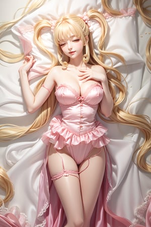 (( lying on back sleeping, Perfect body, pink silk nightgown with lace-trimmed, exposed high waist lace-trimmed panties, blond very long hair, Heart-shaped twintails 2.0)), 1girl, solo, looking at viewer, blush, smile, bangs, large breasts, bow, cleavage, bare shoulders, yellow eyes, standing, collarbone, thighs, cowboy shot, parted lips, bare arms, thigh gap, 