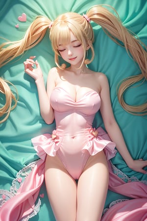 (( lying on back sleeping, Perfect body, light pink one piece silk completely Hip-covering leotard, blond very long hair, Heart-shaped twintails, Strapless 2.0)), 1girl, solo, looking at viewer, blush, smile, bangs, large breasts, bow, cleavage, bare shoulders, yellow eyes, standing, collarbone, thighs, cowboy shot, parted lips, bare arms, thigh gap, 