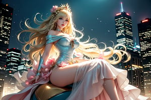 A sultry urban goddess astride a powerful motorcycle, bathed in vibrant neon city glow, confidently strikes a pose amidst towering skyscrapers. Neon hues illuminate the blue-pink frilled wedding dress clinging to her curves, showcasing the Wizard's hat-adorned bangs and off-shoulder design. blond long hair cascade down like a river, framing her striking features and golden hair flowing behind her. Piercing blue eyes gleam with mischief as she confronts the viewer beneath an ornate hair ornament on her flowing locks. City lights accentuate her features, highlighting a sugary sweet sensuality in this Sugimori Ken-inspired art piece.