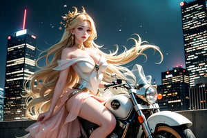 A sultry urban goddess astride a powerful motorcycle, bathed in vibrant neon city glow, confidently strikes a pose amidst towering skyscrapers. Neon hues illuminate the blue-pink frilled wedding dress clinging to her curves, showcasing the Wizard's hat-adorned bangs and off-shoulder design. blond long hair cascade down like a river, framing her striking features and golden hair flowing behind her. Piercing blue eyes gleam with mischief as she confronts the viewer beneath an ornate hair ornament on her flowing locks. City lights accentuate her features, highlighting a sugary sweet sensuality in this Sugimori Ken-inspired art piece.