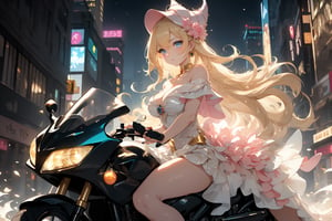 A sultry urban goddess astride a powerful motorcycle, bathed in vibrant neon city glow, confidently strikes a pose amidst towering skyscrapers. Neon hues illuminate the blue-pink frilled wedding dress clinging to her curves, showcasing the Wizard's hat-adorned bangs and off-shoulder design. blond long hair cascade down like a river, framing her striking features and golden hair flowing behind her. Piercing blue eyes gleam with mischief as she confronts the viewer beneath an ornate hair ornament on her flowing locks. City lights accentuate her features, highlighting a sugary sweet sensuality in this Sugimori Ken-inspired art piece.