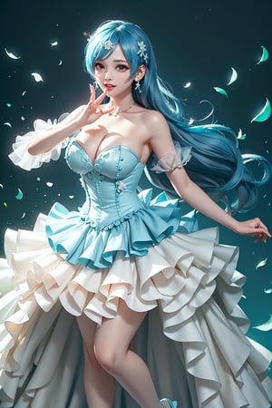 Here's a prompt that captures the essence of this vivid description:

Create an image of an idol in a daring pose on a stage lit by warm movie lighting and neon lights. She wears a revealing blue frilled wedding dress with long blue hair adorned with gems. Her breasts are showcased with cleavage, glistening with sweat as she points with one hand while her other arm rests on the stage. The spotlight highlights her figure, white stockings, and intricate hair accessories against a blurred background of floral patterns and music notes. Ryuubi-style cross laces adorn her underbust, lifting her skirt to reveal more of her stunning physique. The overall effect should be visually stunning, with high-quality details and a sense of movement.