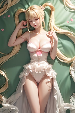 (( lying on back sleeping, Perfect body, silk nightgown with lace-trimmed, exposed high waist lace-trimmed panties, blond very long hair, Heart-shaped twintails 2.0)), 1girl, solo, looking at viewer, blush, smile, bangs, large breasts, bow, cleavage, bare shoulders, yellow eyes, standing, collarbone, thighs, cowboy shot, parted lips, bare arms, thigh gap, 