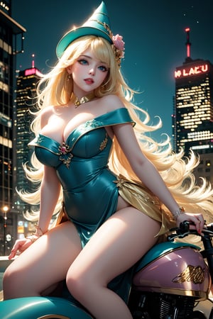 A sultry urban goddess astride a powerful motorcycle, bathed in vibrant neon city glow, confidently strikes a pose amidst towering skyscrapers. Neon hues illuminate the blue-pink frilled wedding dress clinging to her curves, showcasing the Wizard's hat-adorned bangs and off-shoulder design. blond long hair cascade down like a river, framing her striking features and golden hair flowing behind her. Piercing blue eyes gleam with mischief as she confronts the viewer beneath an ornate hair ornament on her flowing locks. City lights accentuate her features, highlighting a sugary sweet sensuality in this Sugimori Ken-inspired art piece.