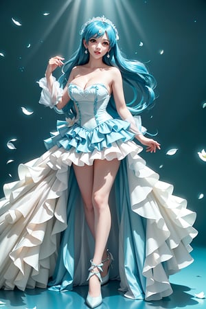 Here's a prompt that captures the essence of this vivid description:

Create an image of an idol in a daring pose on a stage lit by warm movie lighting and neon lights. She wears a revealing blue frilled wedding dress with long blue hair adorned with gems. Her breasts are showcased with cleavage, glistening with sweat as she points with one hand while her other arm rests on the stage. The spotlight highlights her figure, white stockings, and intricate hair accessories against a blurred background of floral patterns and music notes. Ryuubi-style cross laces adorn her underbust, lifting her skirt to reveal more of her stunning physique. The overall effect should be visually stunning, with high-quality details and a sense of movement.