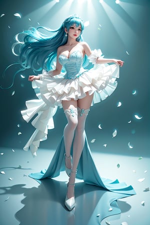 Here's a prompt that captures the essence of this vivid description:

Create an image of an idol in a daring pose on a stage lit by warm movie lighting and neon lights. She wears a revealing blue frilled wedding dress with long blue hair adorned with gems. Her breasts are showcased with cleavage, glistening with sweat as she points with one hand while her other arm rests on the stage. The spotlight highlights her figure, white stockings, and intricate hair accessories against a blurred background of floral patterns and music notes. Ryuubi-style cross laces adorn her underbust, lifting her skirt to reveal more of her stunning physique. The overall effect should be visually stunning, with high-quality details and a sense of movement.