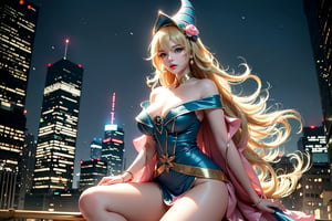 A sultry urban goddess astride a powerful motorcycle, bathed in vibrant neon city glow, confidently strikes a pose amidst towering skyscrapers. Neon hues illuminate the blue-pink frilled wedding dress clinging to her curves, showcasing the Wizard's hat-adorned bangs and off-shoulder design. blond long hair cascade down like a river, framing her striking features and golden hair flowing behind her. Piercing blue eyes gleam with mischief as she confronts the viewer beneath an ornate hair ornament on her flowing locks. City lights accentuate her features, highlighting a sugary sweet sensuality in this Sugimori Ken-inspired art piece.