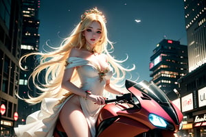 A sultry urban goddess astride a powerful motorcycle, bathed in vibrant neon city glow, confidently strikes a pose amidst towering skyscrapers. Neon hues illuminate the blue-pink frilled wedding dress clinging to her curves, showcasing the Wizard's hat-adorned bangs and off-shoulder design. blond long hair cascade down like a river, framing her striking features and golden hair flowing behind her. Piercing blue eyes gleam with mischief as she confronts the viewer beneath an ornate hair ornament on her flowing locks. City lights accentuate her features, highlighting a sugary sweet sensuality in this Sugimori Ken-inspired art piece.