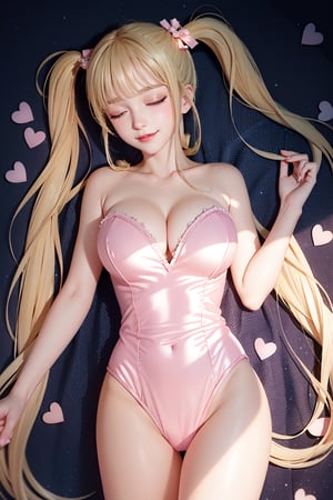 (( lying on back sleeping, Perfect body, light pink one piece silk completely Hip-covering leotard, blond very long hair, Heart-shaped twintails, Strapless 2.0)), 1girl, solo, looking at viewer, blush, smile, bangs, large breasts, bow, cleavage, bare shoulders, yellow eyes, standing, collarbone, thighs, cowboy shot, parted lips, bare arms, thigh gap, 