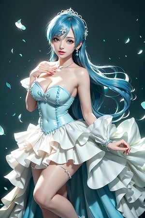 Here's a prompt that captures the essence of this vivid description:

Create an image of an idol in a daring pose on a stage lit by warm movie lighting and neon lights. She wears a revealing blue frilled wedding dress with long blue hair adorned with gems. Her breasts are showcased with cleavage, glistening with sweat as she points with one hand while her other arm rests on the stage. The spotlight highlights her figure, white stockings, and intricate hair accessories against a blurred background of floral patterns and music notes. Ryuubi-style cross laces adorn her underbust, lifting her skirt to reveal more of her stunning physique. The overall effect should be visually stunning, with high-quality details and a sense of movement.