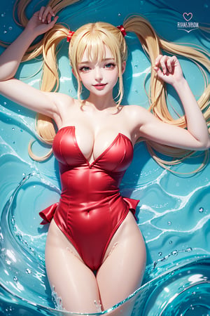 (( lying on back sleeping, Perfect body, water-red one piece silk leotard, blond very long hair, Heart-shaped twintails, Strapless 2.0)), 1girl, solo, looking at viewer, blush, smile, bangs, large breasts, bow, cleavage, bare shoulders, yellow eyes, standing, collarbone, thighs, cowboy shot, parted lips, bare arms, thigh gap, 