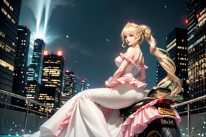 A sultry urban goddess astride a powerful motorcycle, bathed in neon city glow, strikes a confident pose amidst skyscrapers. Heart-shaped twintails cascade down her back like a river, framing her striking features. A pink frilled wedding dress clings to her curves, showcasing golden hair flowing behind her. Piercing blue eyes gleam with mischief, as she confronts the viewer beneath an off-shoulder design and Wizard's hat-adorned bangs. City lights accentuate her features, highlighting a hair ornament on her flowing locks, exuding confidence and sensuality in this Sugimori Ken-inspired art piece.